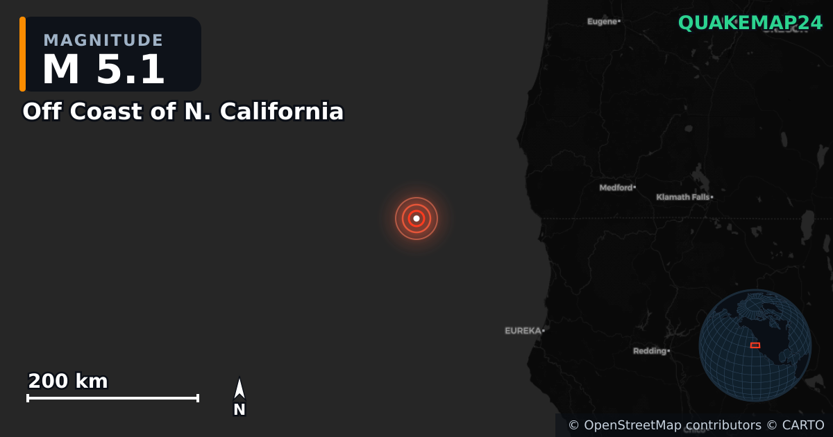 M5.1 earthquake near Off Coast of N. California on Jun 3, 2026 — map of epicenter and shaking intensity | QuakeMap24