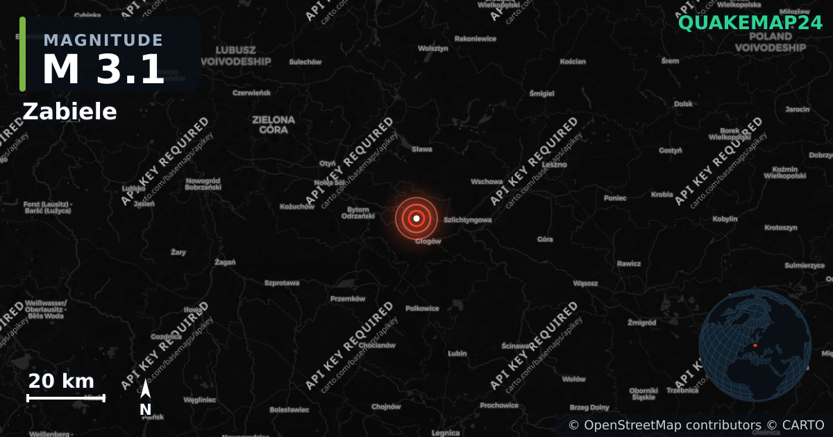M3.1 earthquake near Zabiele on May 3, 2026 — map of epicenter and shaking intensity | QuakeMap24