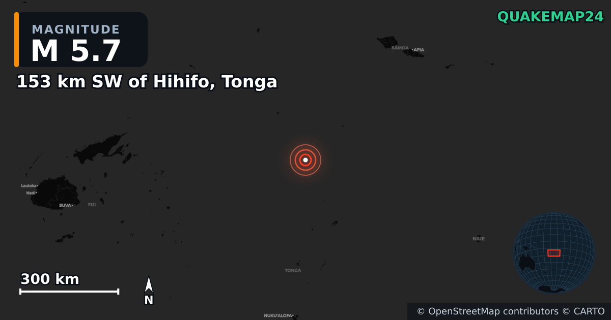 153 km SW of Hihifo, Tonga yakınında M5,7 deprem — Deprem merkez üssünün konumunu gösteren harita