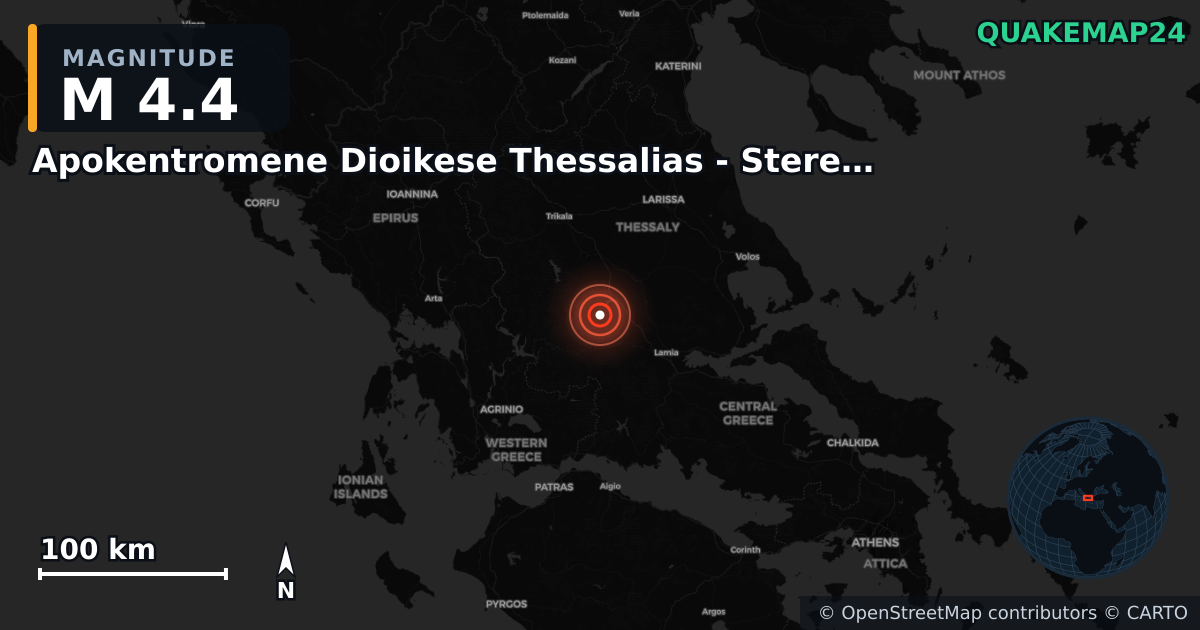 M4.4 earthquake near Apokentromene Dioikese Thessalias - Stereas Ellados on Aug 18, 2025 — map of epicenter and shaking intensity | QuakeMap24