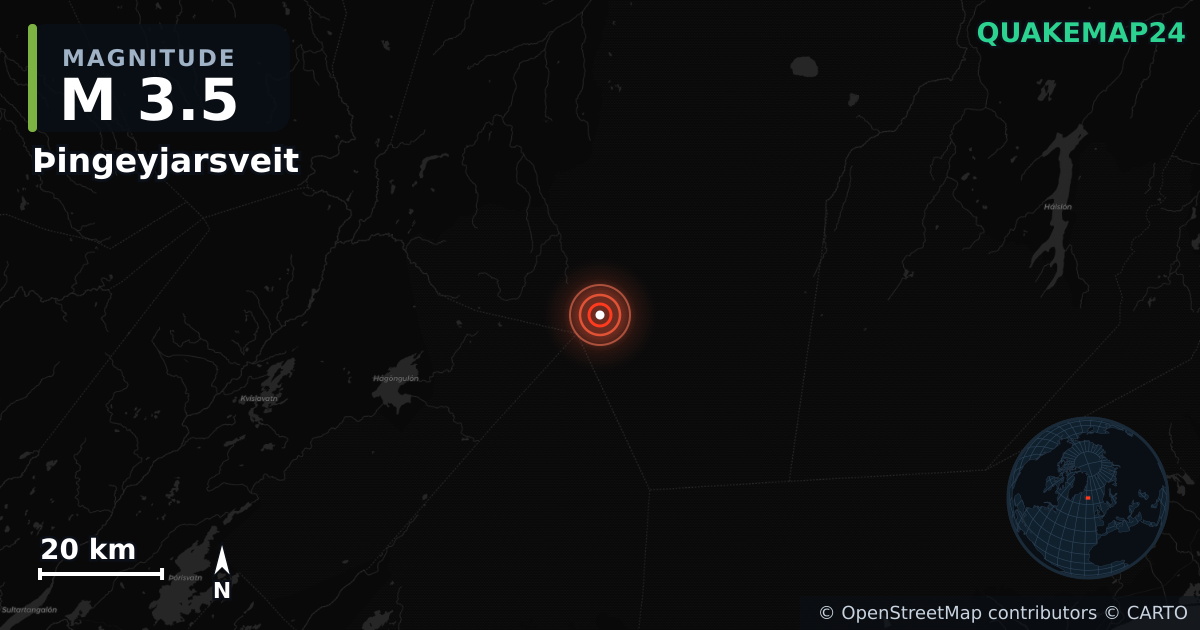 M3.5 earthquake near Þingeyjarsveit on Jul 28, 2026 — map of epicenter and shaking intensity | QuakeMap24