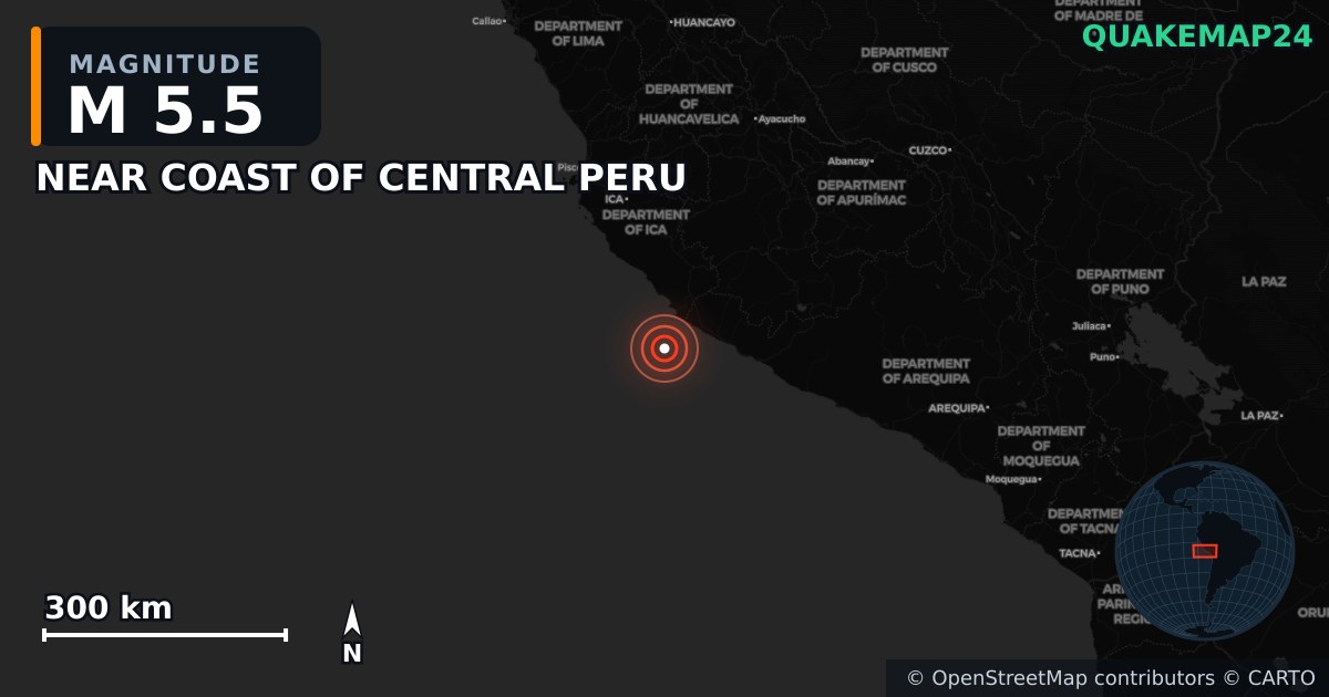 M5.5 earthquake near NEAR COAST OF CENTRAL PERU on Sep 23, 2025 — map of epicenter and shaking intensity | QuakeMap24