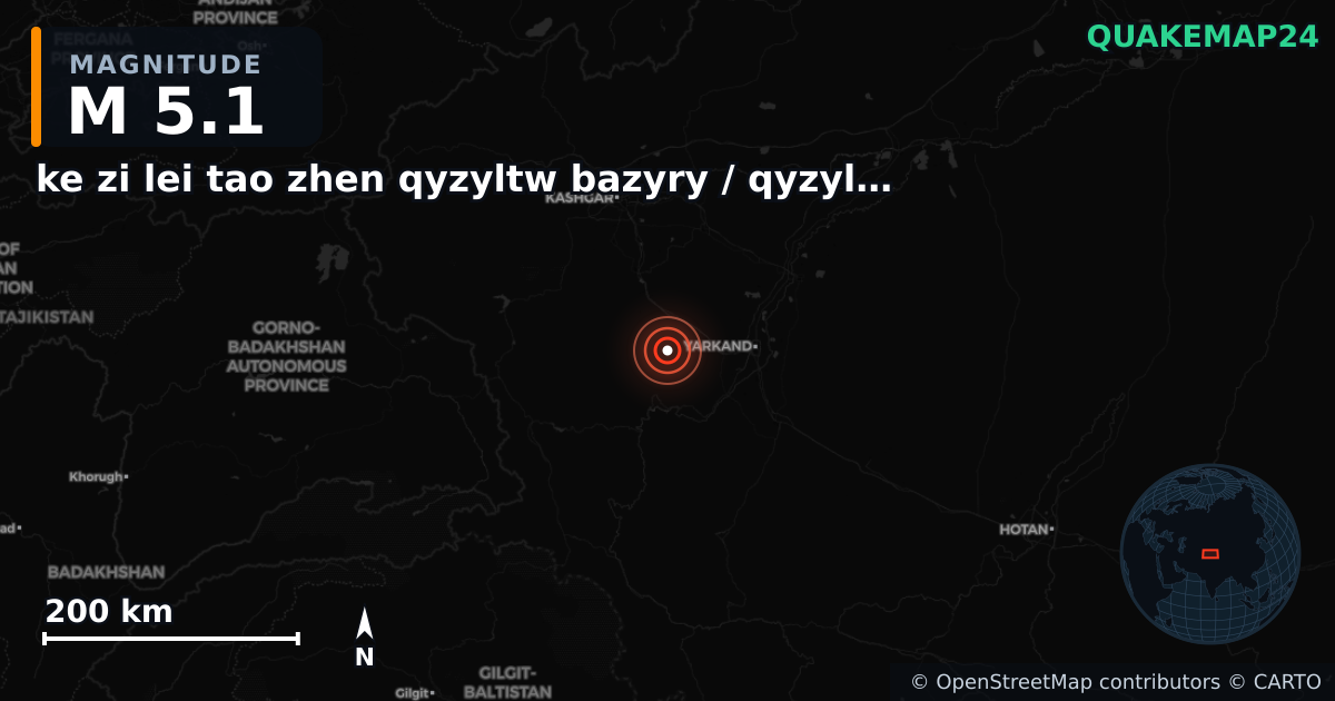 M5.1 earthquake near ke zi lei tao zhen qyzyltw bazyry / qyzyltww shaarchasy on Jan 27, 2026 — map of epicenter and shaking intensity | QuakeMap24