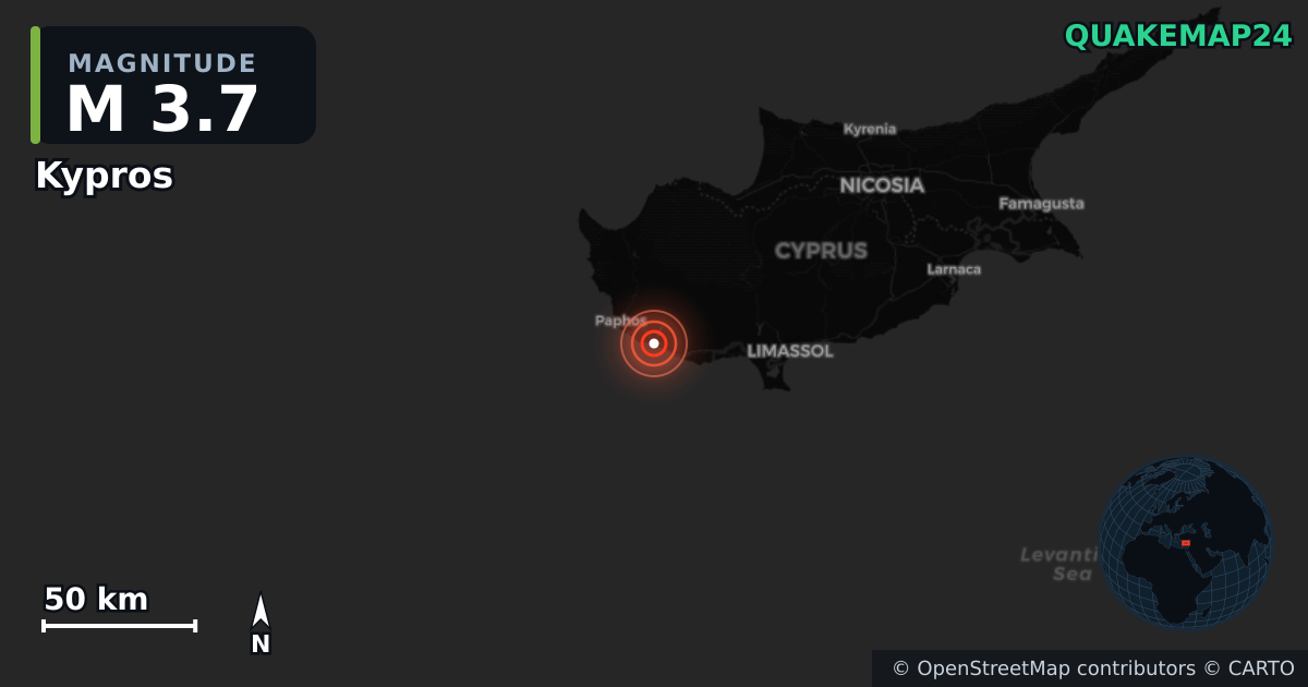 M3.7 earthquake near Kypros on Nov 12, 2025 — map of epicenter and shaking intensity | QuakeMap24
