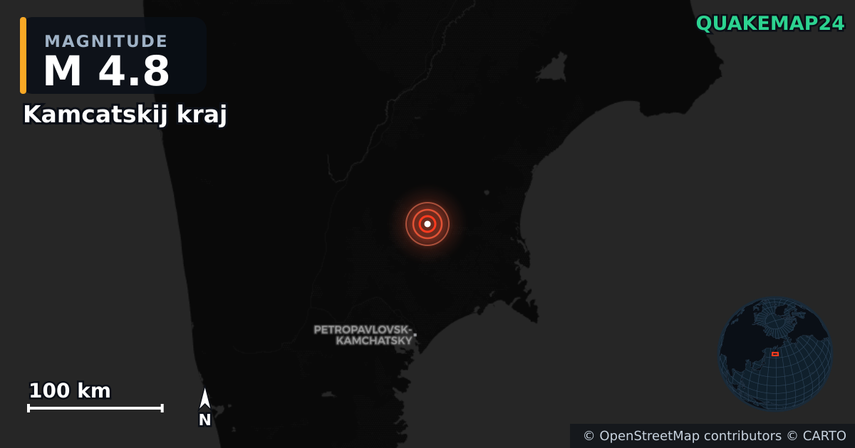 M4.8 earthquake near Kamcatskij kraj on Aug 25, 2025 — map of epicenter and shaking intensity | QuakeMap24