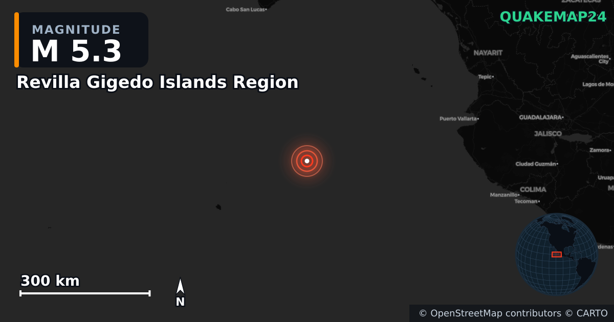 Sismo de M5,3 perto de Revilla Gigedo Islands Region · 2025-05-28 — Mapa da localização do epicentro