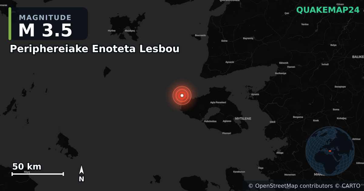 M3.5 earthquake near Periphereiake Enoteta Lesbou on Oct 13, 2025 — map of epicenter and shaking intensity | QuakeMap24