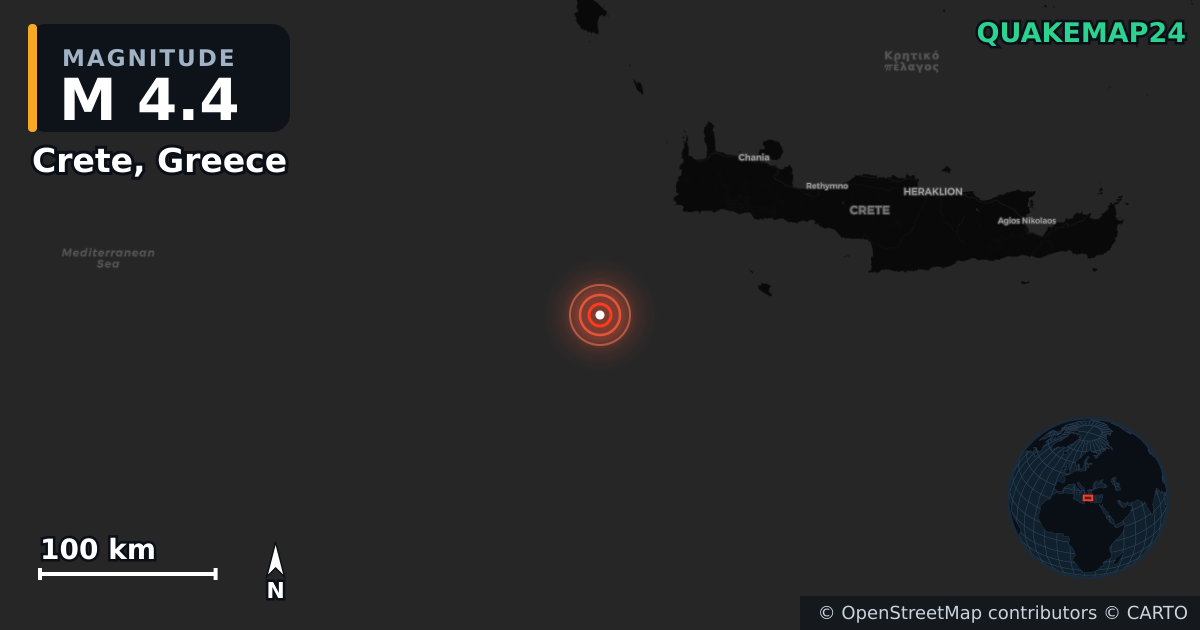 M4.4 earthquake near Crete, Greece on Jun 19, 2026 — map of epicenter and shaking intensity | QuakeMap24
