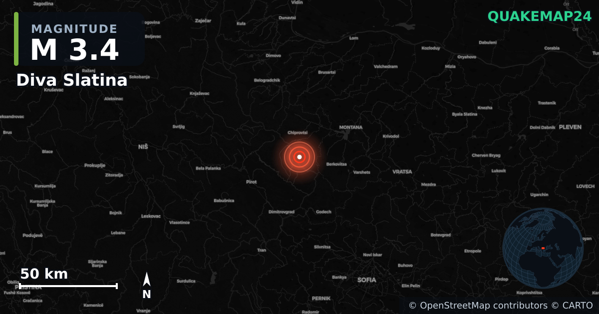M3.4 earthquake near Diva Slatina on Jul 8, 2026 — map of epicenter and shaking intensity | QuakeMap24