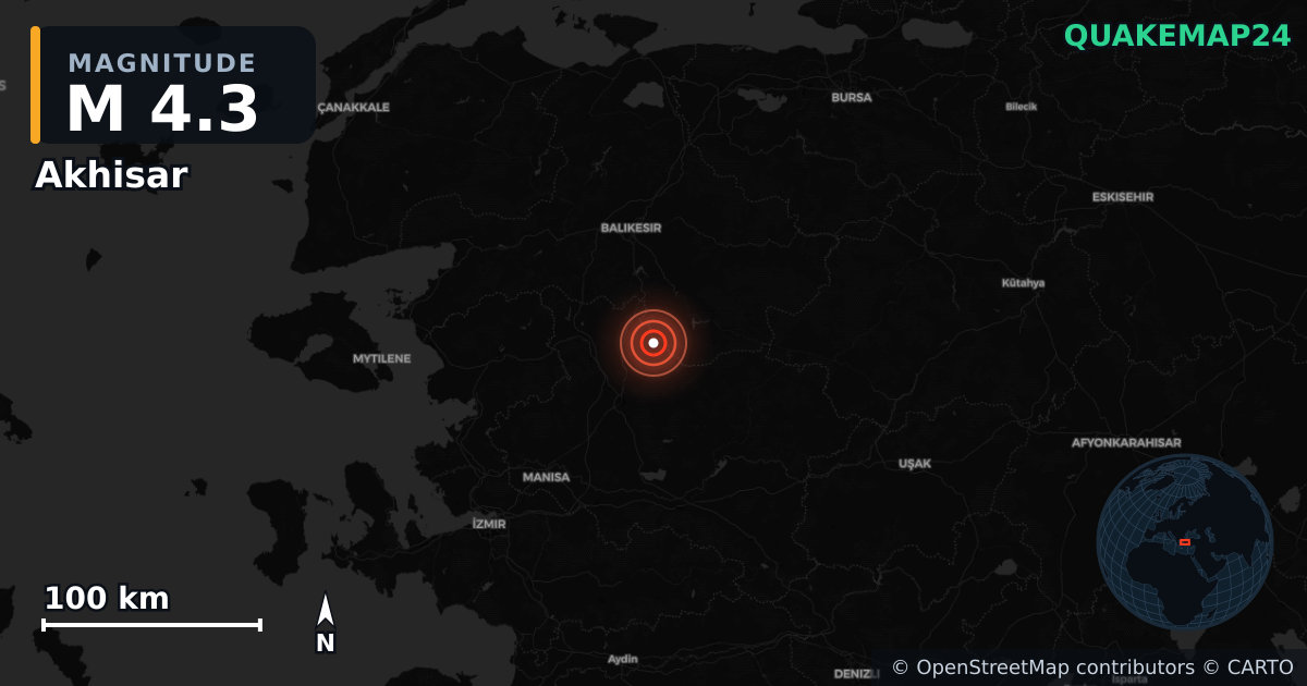 M4.3 earthquake near Akhisar on Nov 17, 2025 — map of epicenter and shaking intensity | QuakeMap24