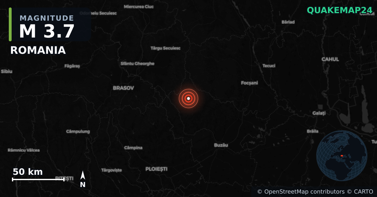 M3.7 earthquake near ROMANIA on Dec 31, 2025 — map of epicenter and shaking intensity | QuakeMap24