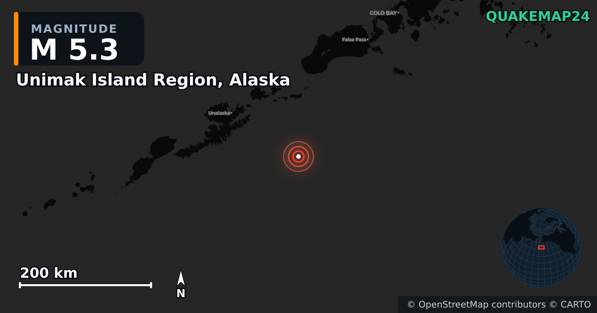M5.3 earthquake near Unimak Island Region, Alaska on Apr 25, 2026 — map of epicenter and shaking intensity | QuakeMap24