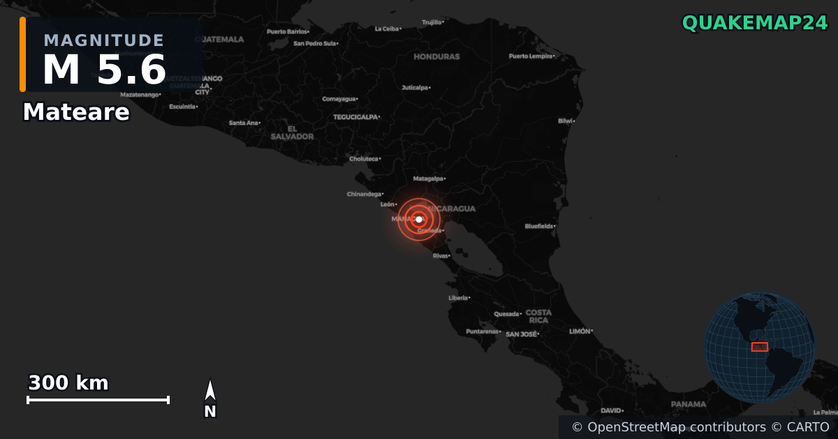 M5.6 earthquake near Mateare on Mar 26, 2026 — map of epicenter and shaking intensity | QuakeMap24