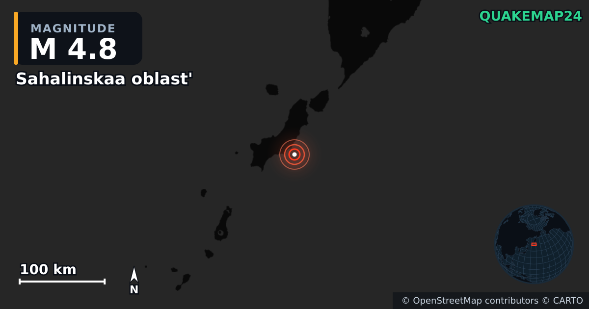 M4.8 earthquake near Sahalinskaa oblast' on Aug 6, 2025 — map of epicenter and shaking intensity | QuakeMap24
