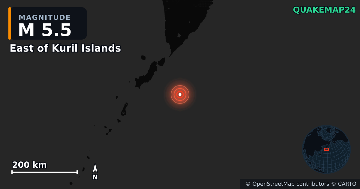 M5.5 earthquake near East of Kuril Islands on Jul 30, 2025 — map of epicenter and shaking intensity | QuakeMap24