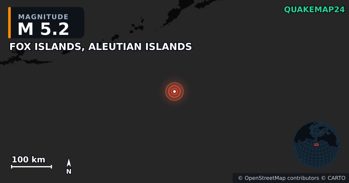 M5.2 earthquake near FOX ISLANDS, ALEUTIAN ISLANDS on Jun 28, 2025 — map of epicenter and shaking intensity | QuakeMap24