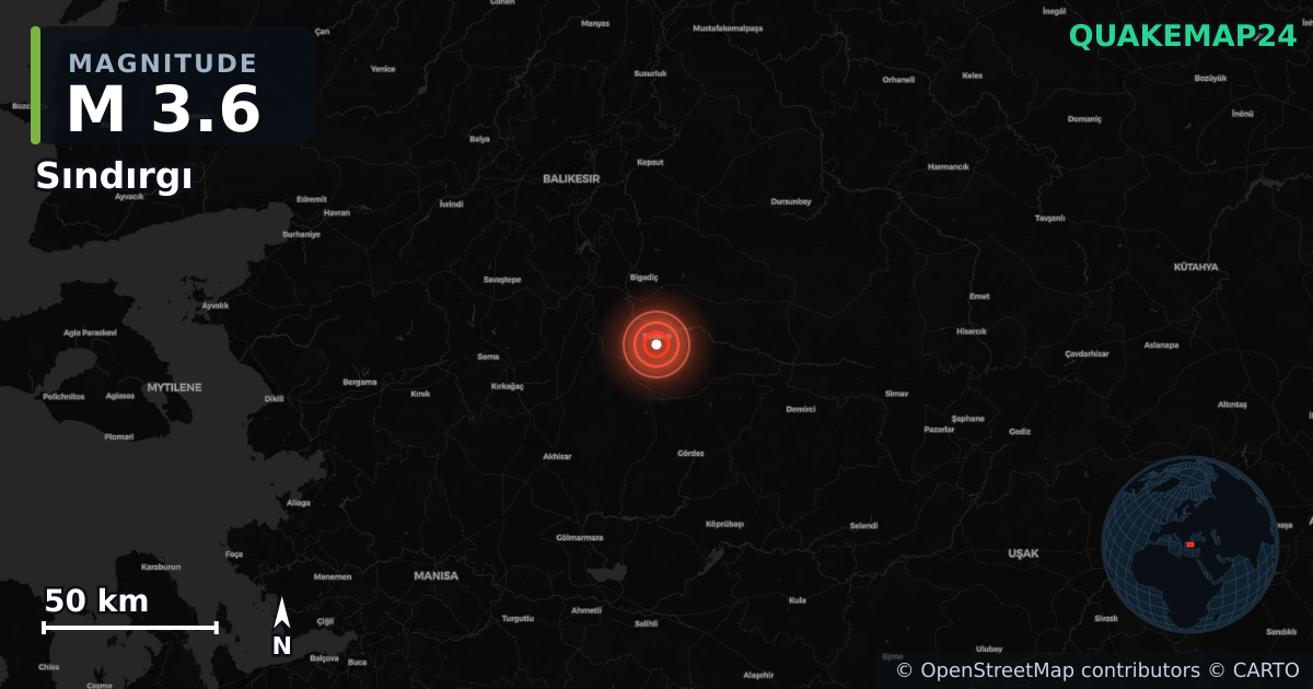 M3.6 earthquake near Sındırgı on Aug 26, 2025 — map of epicenter and shaking intensity | QuakeMap24