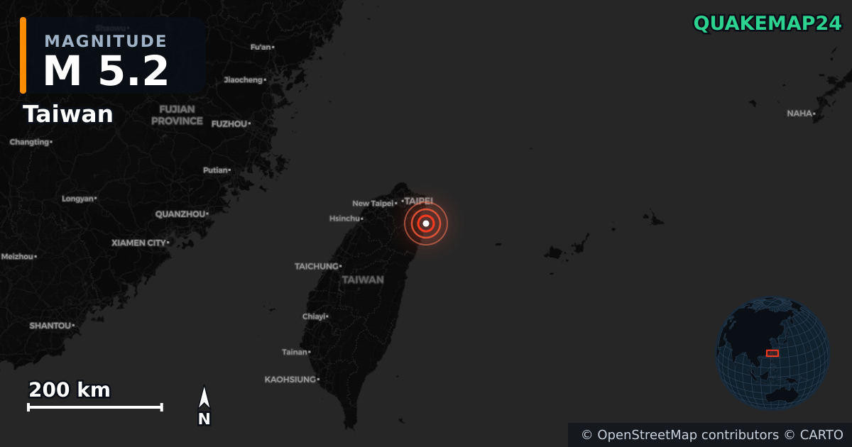 M5.2 earthquake near Taiwan on Aug 27, 2025 — map of epicenter and shaking intensity | QuakeMap24