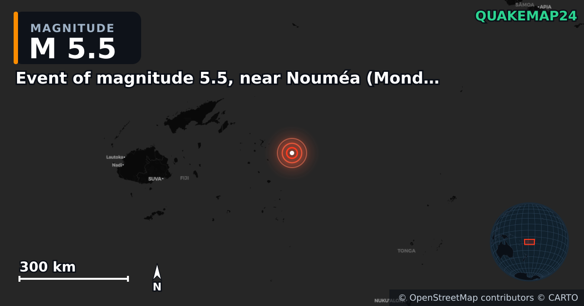 M5.5 earthquake near Event of magnitude 5.5, near Nouméa (Monde) on Aug 17, 2026 — map of epicenter and shaking intensity | QuakeMap24