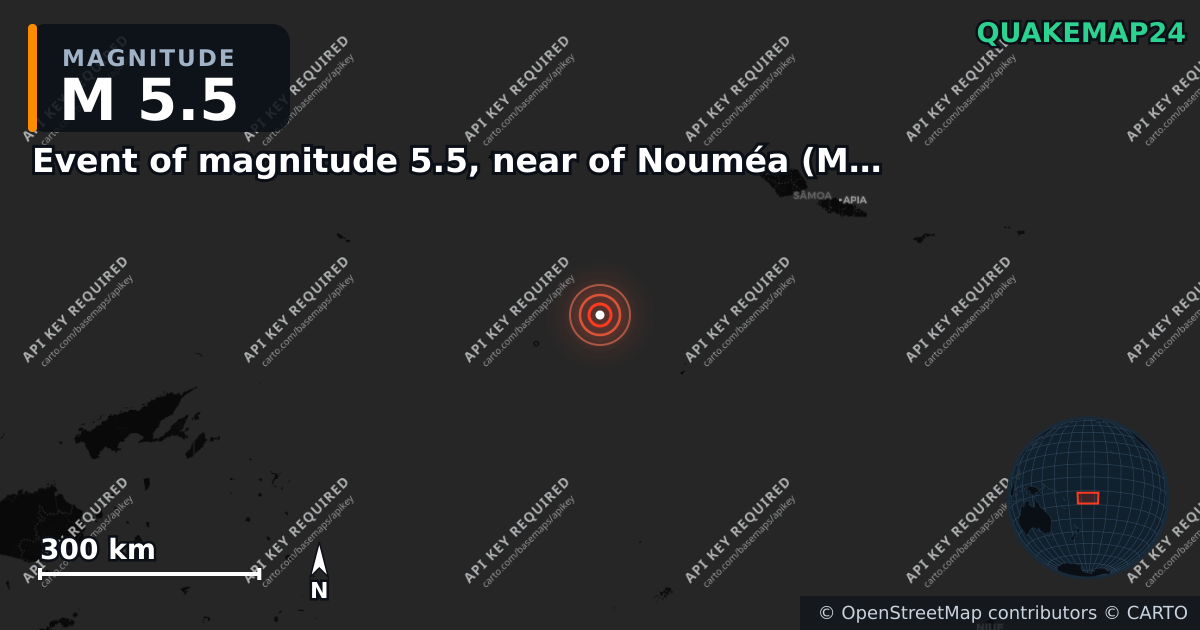 M5.5 earthquake near Event of magnitude 5.5, near of Nouméa (Monde) on Nov 28, 2025 — map of epicenter and shaking intensity | QuakeMap24