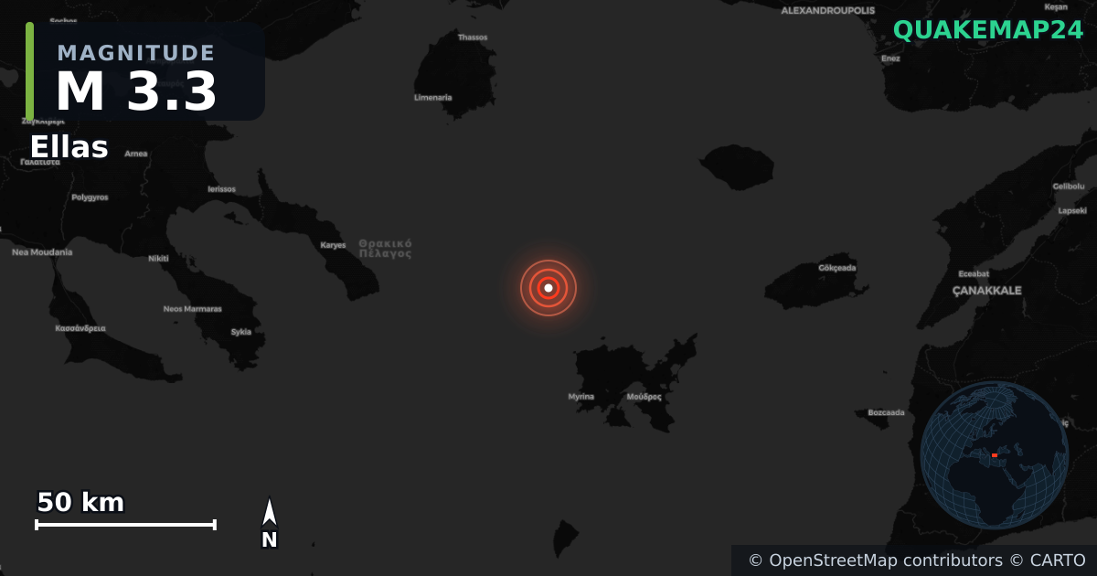 M3.3 earthquake near Ellas on May 25, 2026 — map of epicenter and shaking intensity | QuakeMap24