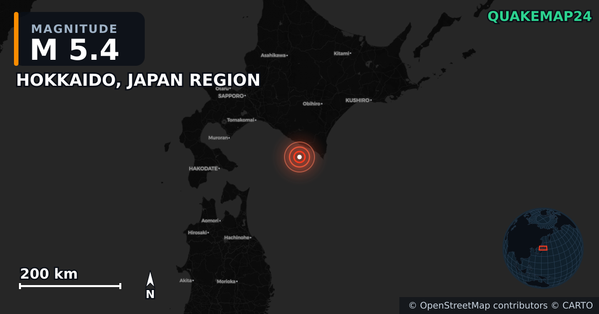 M5.4 earthquake near HOKKAIDO, JAPAN REGION on May 22, 2025 — map of epicenter and shaking intensity | QuakeMap24