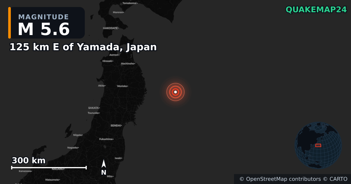 M5.6 earthquake near 125 km E of Yamada, Japan on Nov 8, 2025 — map of epicenter and shaking intensity | QuakeMap24