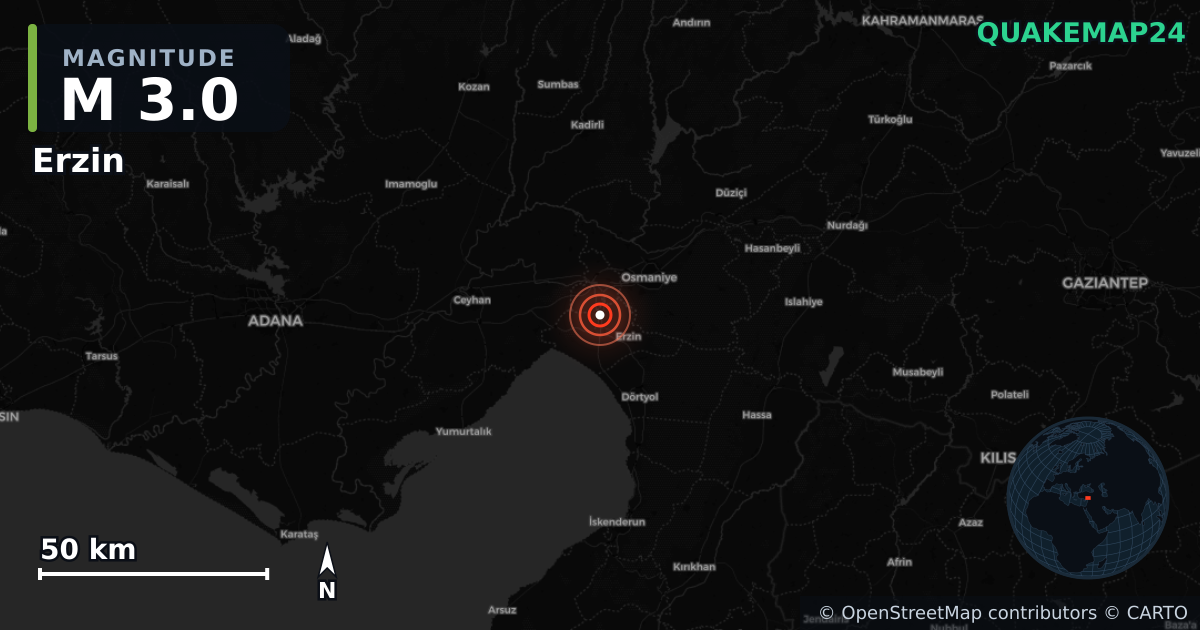 M3.0 earthquake near Erzin on Aug 3, 2025 — map of epicenter and shaking intensity | QuakeMap24