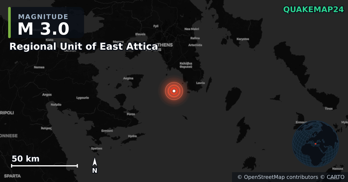 M3.0 earthquake near Regional Unit of East Attica on Jul 2, 2026 — map of epicenter and shaking intensity | QuakeMap24