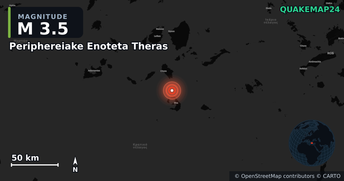 M3.5 earthquake near Periphereiake Enoteta Theras on Nov 14, 2025 — map of epicenter and shaking intensity | QuakeMap24