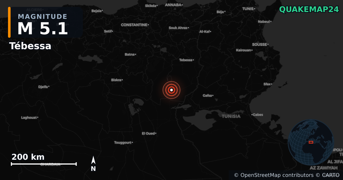 M5.1 earthquake near Tébessa on Aug 17, 2025 — map of epicenter and shaking intensity | QuakeMap24