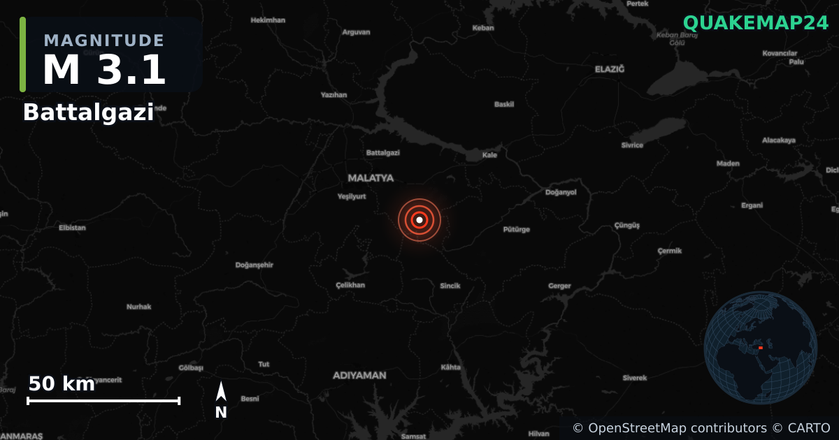 M3.1 earthquake near Battalgazi on Feb 3, 2026 — map of epicenter and shaking intensity | QuakeMap24