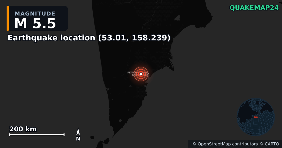 M5.5 earthquake near Deprem konumu (53.01, 158.239) on Aug 2, 2025 — map of epicenter and shaking intensity | QuakeMap24