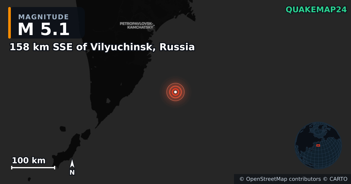 M5.1 earthquake near 158 km SSE of Vilyuchinsk, Russia on Sep 10, 2025 — map of epicenter and shaking intensity | QuakeMap24