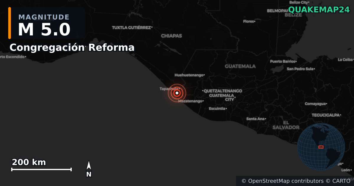 M5.0 earthquake near Congregación Reforma on Jul 14, 2026 — map of epicenter and shaking intensity | QuakeMap24