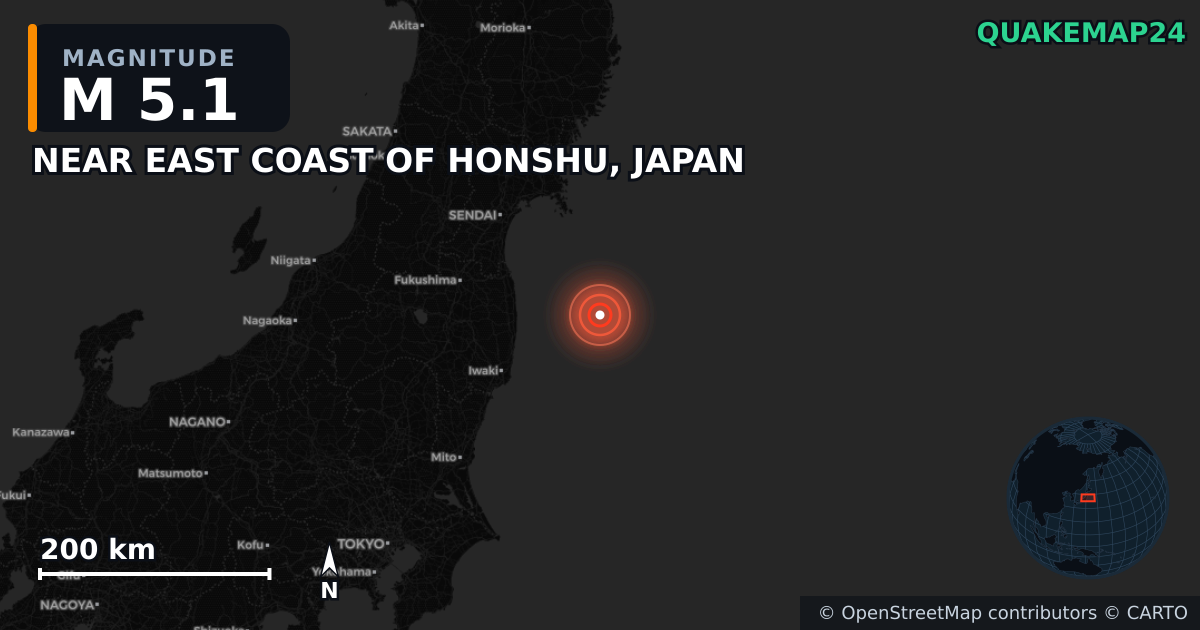 M5.1 earthquake near NEAR EAST COAST OF HONSHU, JAPAN on Oct 23, 2025 — map of epicenter and shaking intensity | QuakeMap24