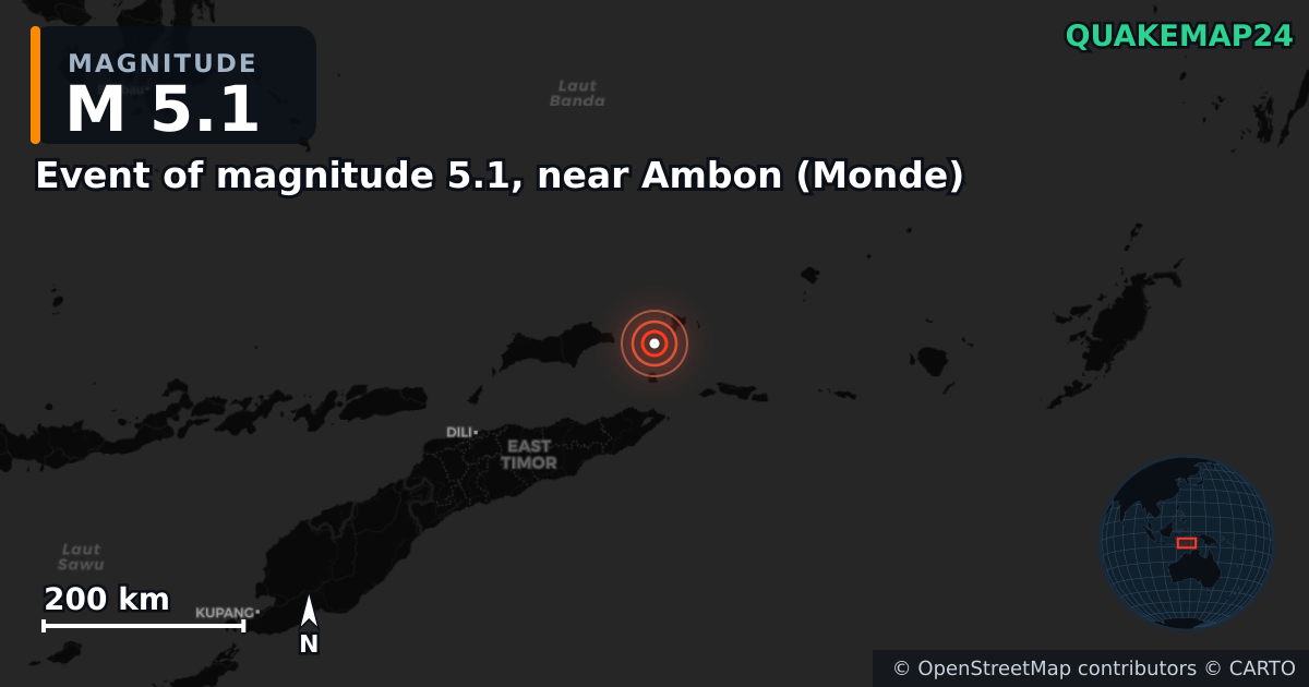 M5.1 earthquake near Event of magnitude 5.1, near Ambon (Monde) on Jun 5, 2026 — map of epicenter and shaking intensity | QuakeMap24