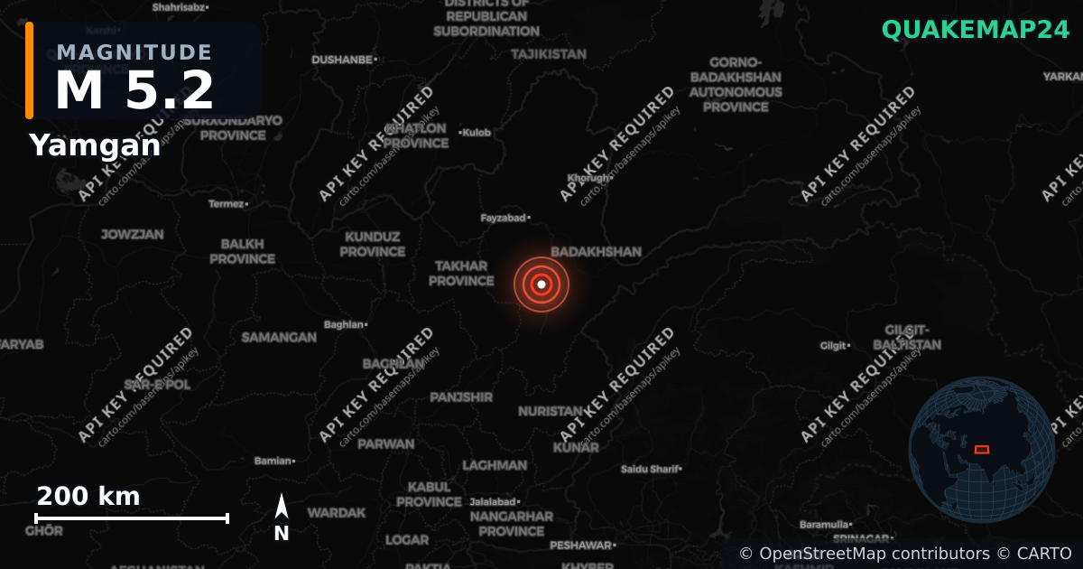 M5.2 earthquake near Yamgan on Jun 22, 2026 — map of epicenter and shaking intensity | QuakeMap24