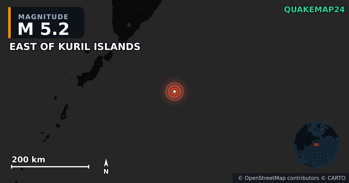 M5.2 earthquake near EAST OF KURIL ISLANDS on Aug 6, 2025 — map of epicenter and shaking intensity | QuakeMap24
