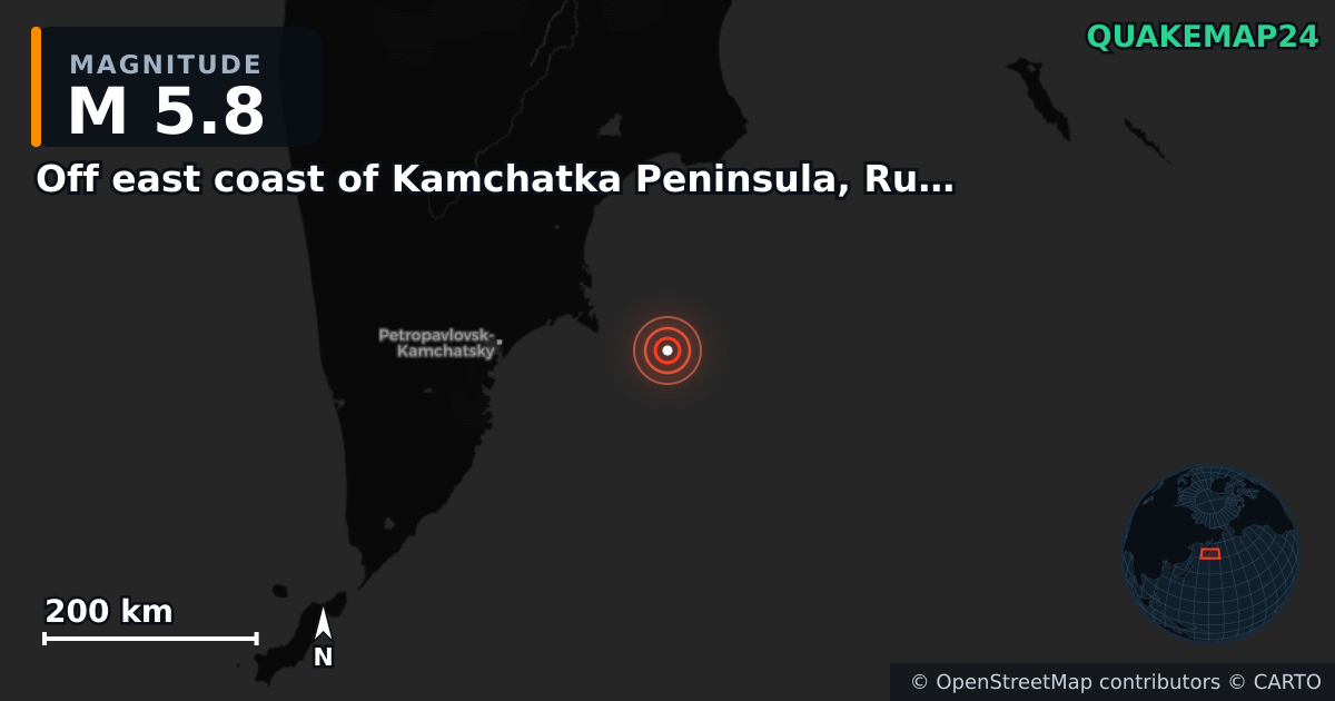 M5.8 earthquake near Off east coast of Kamchatka Peninsula, Russia [Sea: Russia] on Sep 21, 2025 — map of epicenter and shaking intensity | QuakeMap24