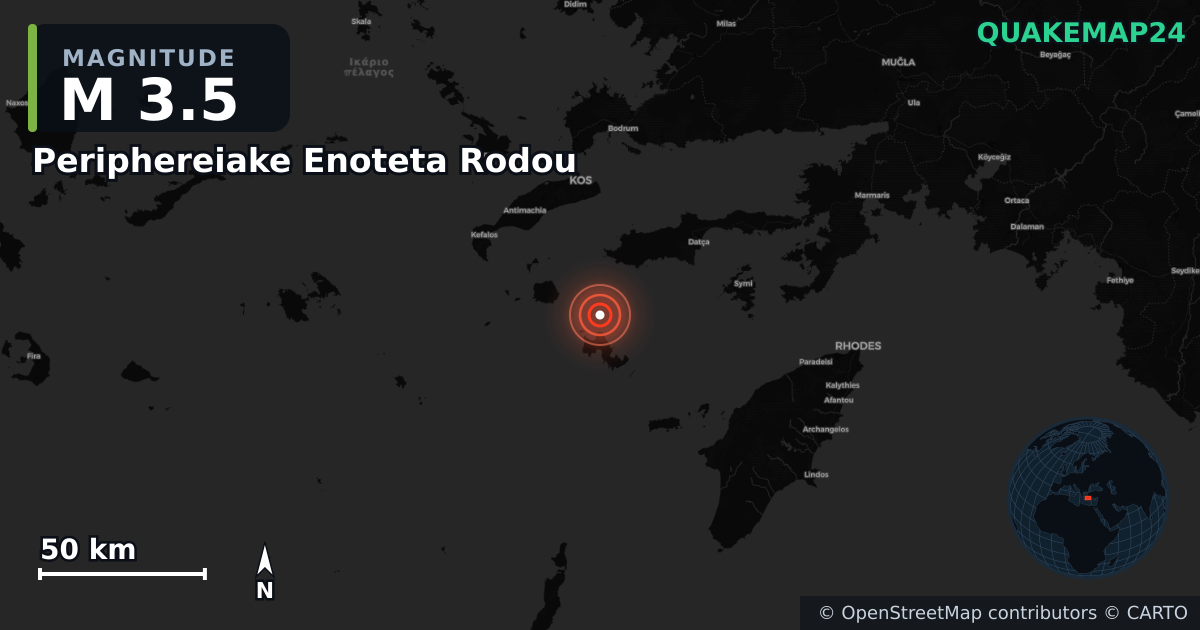 M3.5 earthquake near Periphereiake Enoteta Rodou on Mar 17, 2026 — map of epicenter and shaking intensity | QuakeMap24