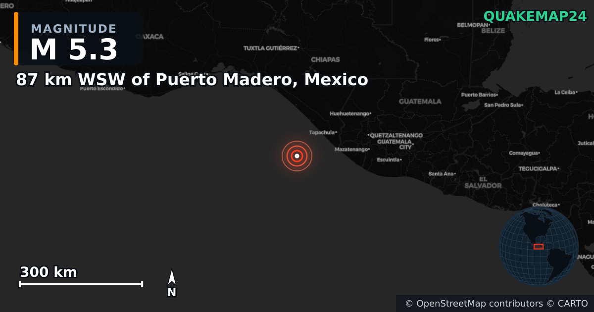 M5.3 earthquake near 87 km WSW of Puerto Madero, Mexico on Jul 18, 2026 — map of epicenter and shaking intensity | QuakeMap24