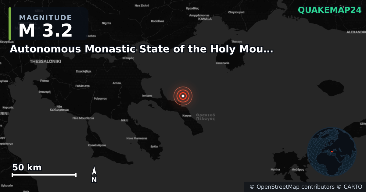 M3.2 earthquake near Autonomous Monastic State of the Holy Mountain on Jul 4, 2026 — map of epicenter and shaking intensity | QuakeMap24