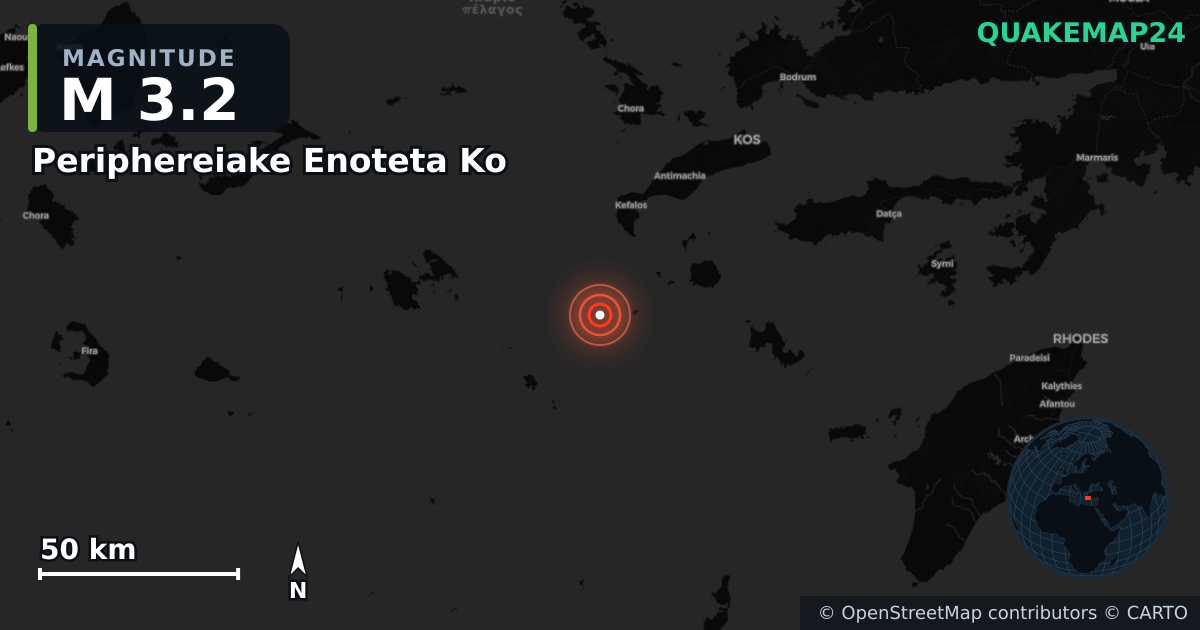 M3.2 earthquake near Periphereiake Enoteta Ko on Jan 8, 2026 — map of epicenter and shaking intensity | QuakeMap24