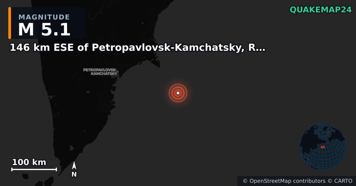 M5.1 Earthquake near 146 km ESE of Petropavlovsk-Kamchatsky, Russia · 2025-07-22 — Map showing the location of the epicenter