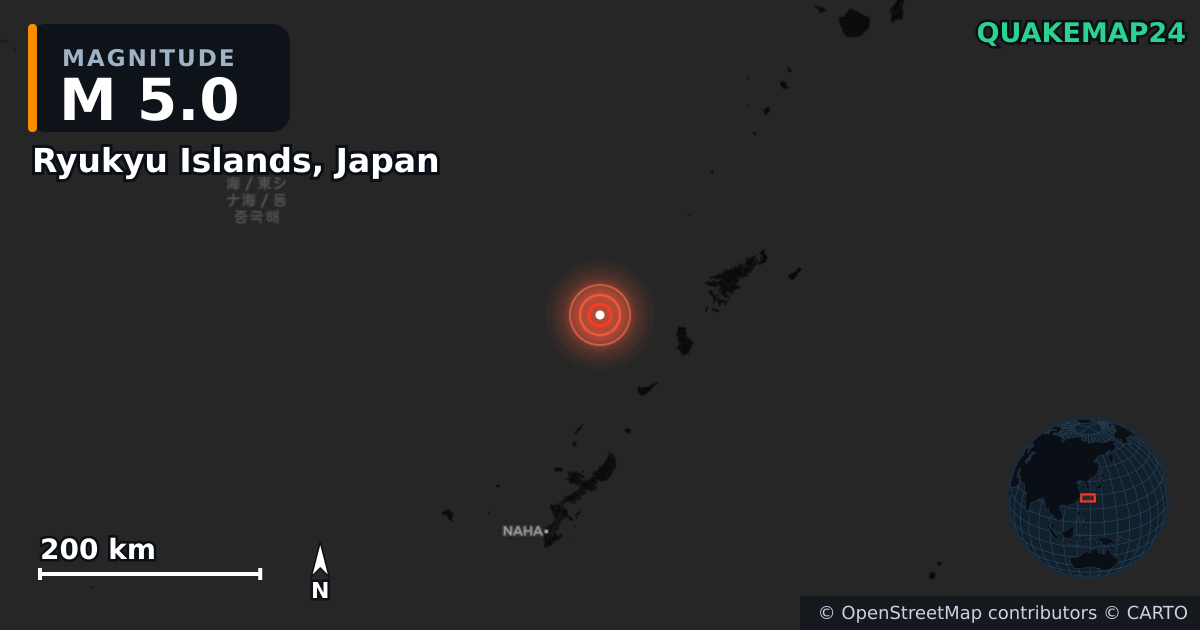 M5.0 earthquake near Ryukyu Islands, Japan on Mar 29, 2026 — map of epicenter and shaking intensity | QuakeMap24