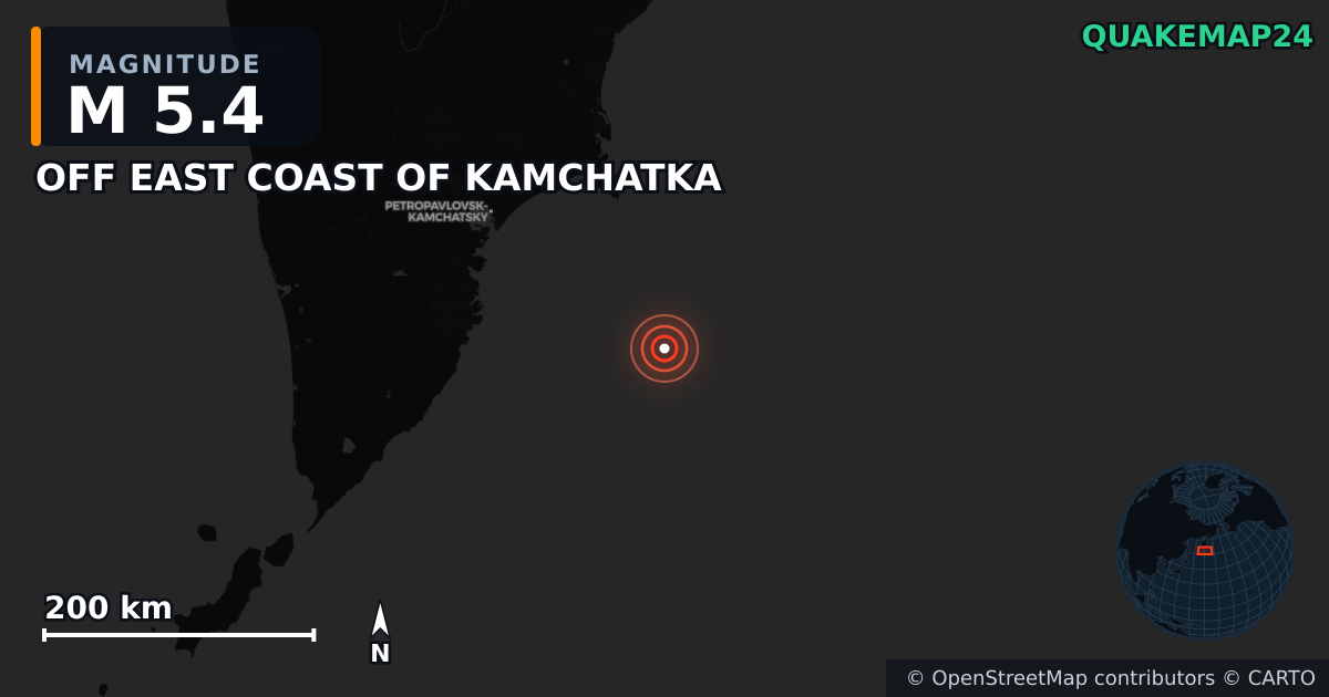 M5.4 earthquake near OFF EAST COAST OF KAMCHATKA on Jul 31, 2025 — map of epicenter and shaking intensity | QuakeMap24