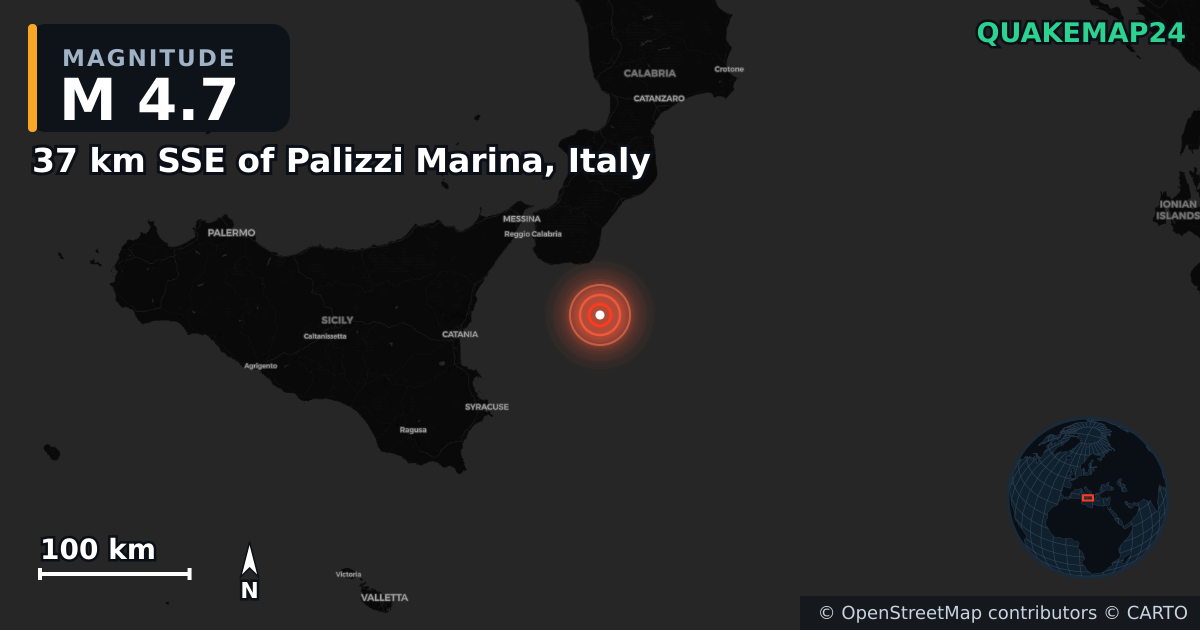 M4.7 earthquake near 37 km SSE of Palizzi Marina, Italy on Apr 16, 2025 — map of epicenter and shaking intensity | QuakeMap24