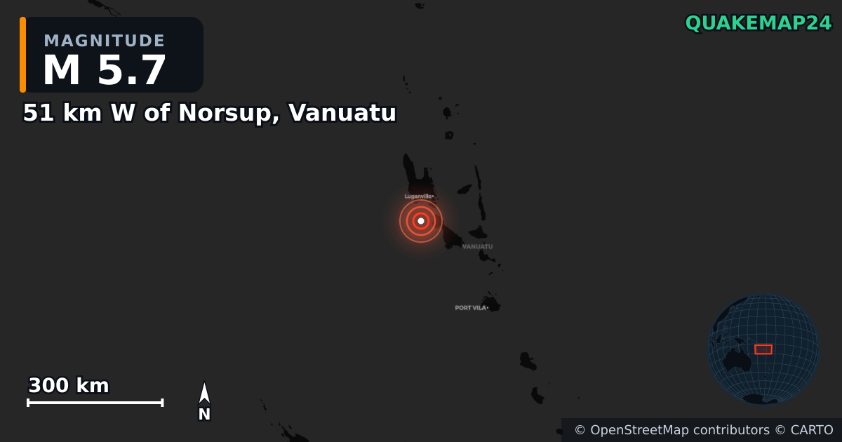 M5.7 earthquake near 51 km W of Norsup, Vanuatu on Mar 21, 2026 — map of epicenter and shaking intensity | QuakeMap24