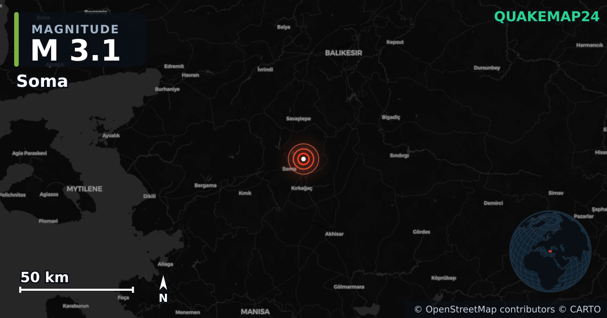 M3.1 earthquake near Soma on Oct 29, 2025 — map of epicenter and shaking intensity | QuakeMap24